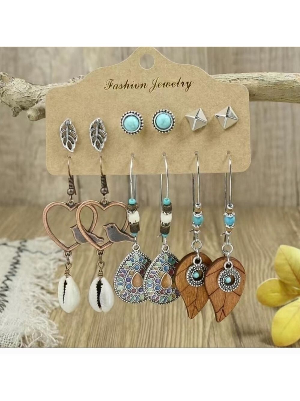 Earrings Set of Six Boho Leaf Birds Seashells